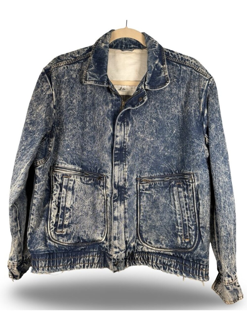 VTG‎ Acid Wash Denim Bomber Jacket Mens XL (46-48) Blue Grunge Zip Workwear 80s